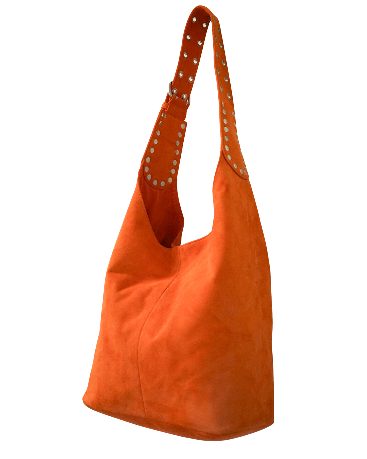 The Romy Riveted Hobo Bag in International Orange Suede