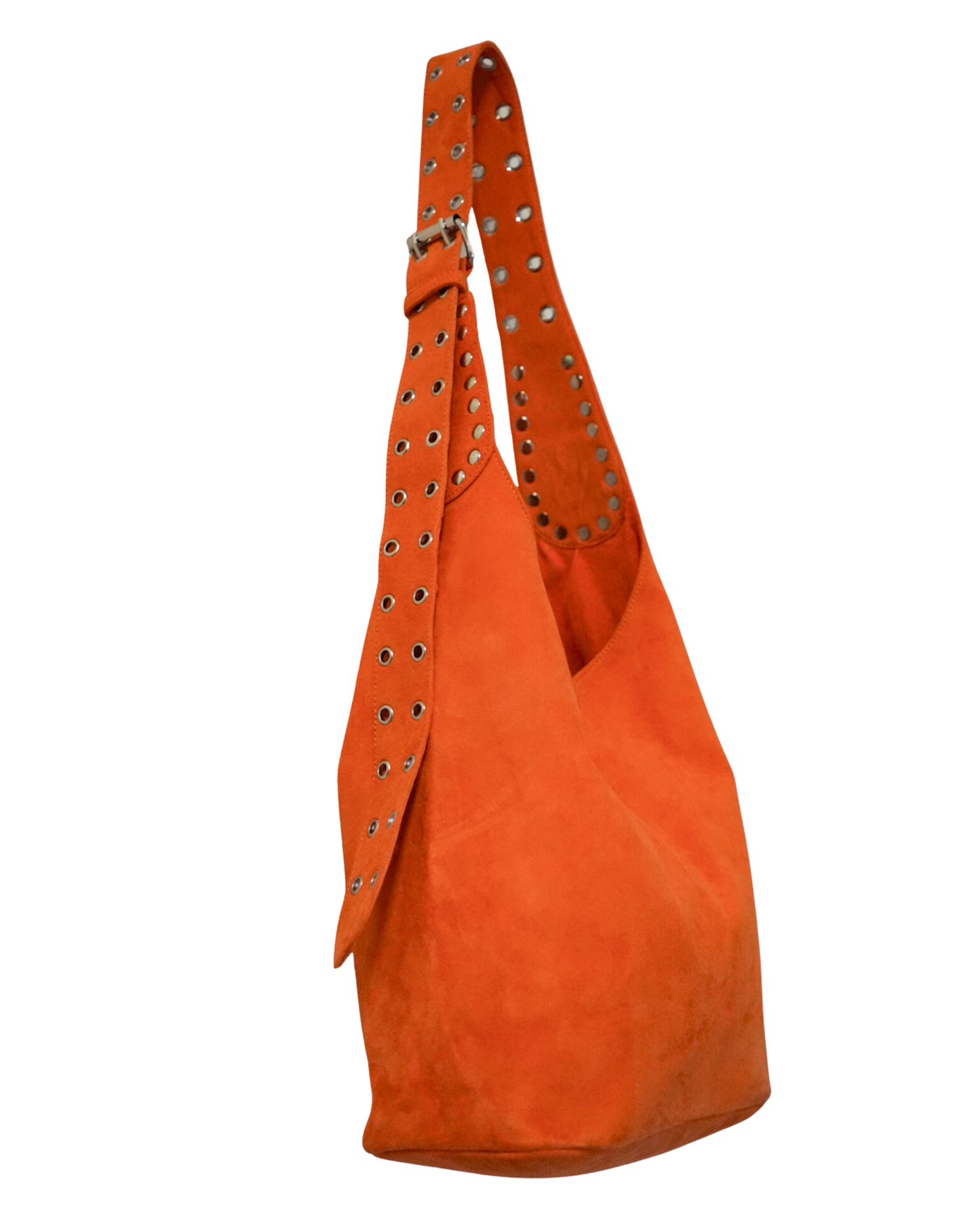The Romy Riveted Hobo Bag in International Orange Suede