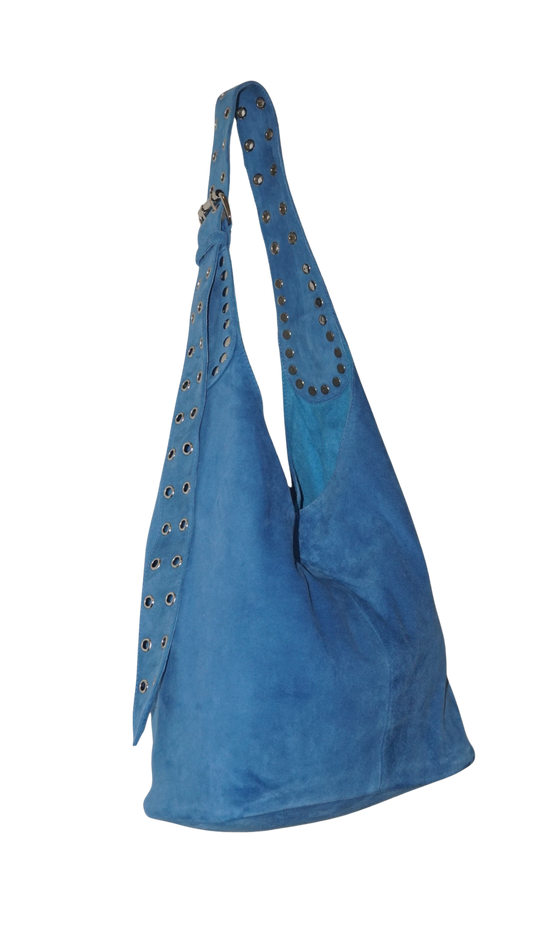 The Romy Riveted Hobo Bag in Cobalt Suede