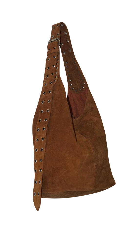 The Romy Riveted Hobo Bag in Tobacco Suede