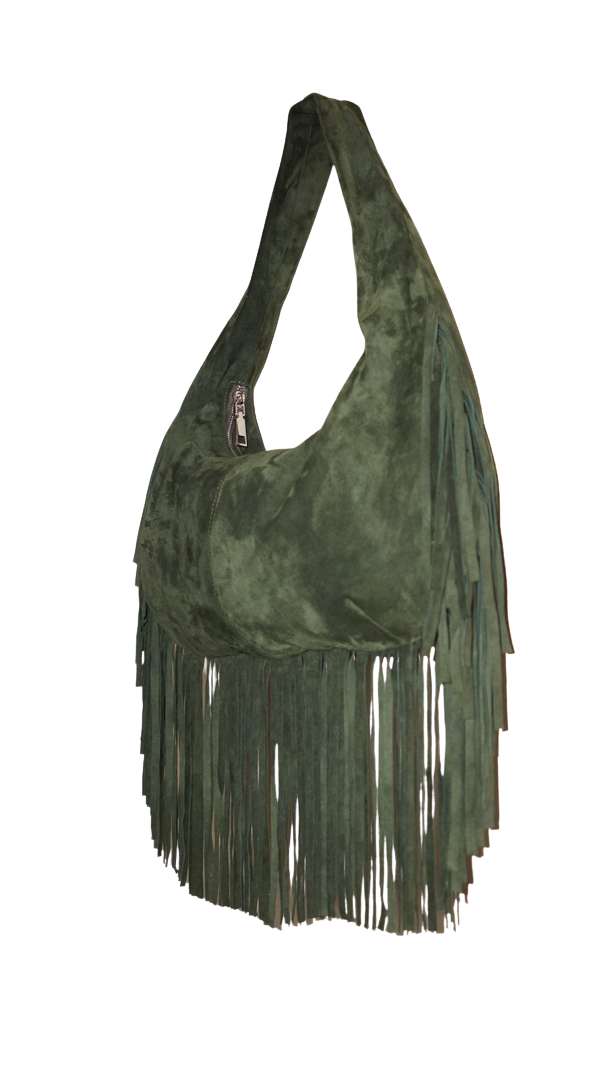The Sienna Fringe Bag in Olive Suede