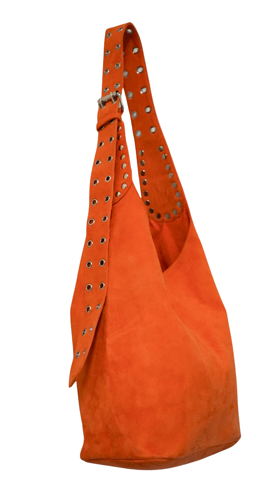 The Romy Riveted Hobo Bag in International Orange Suede