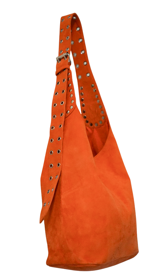 The Romy Riveted Hobo Bag in International Orange Suede